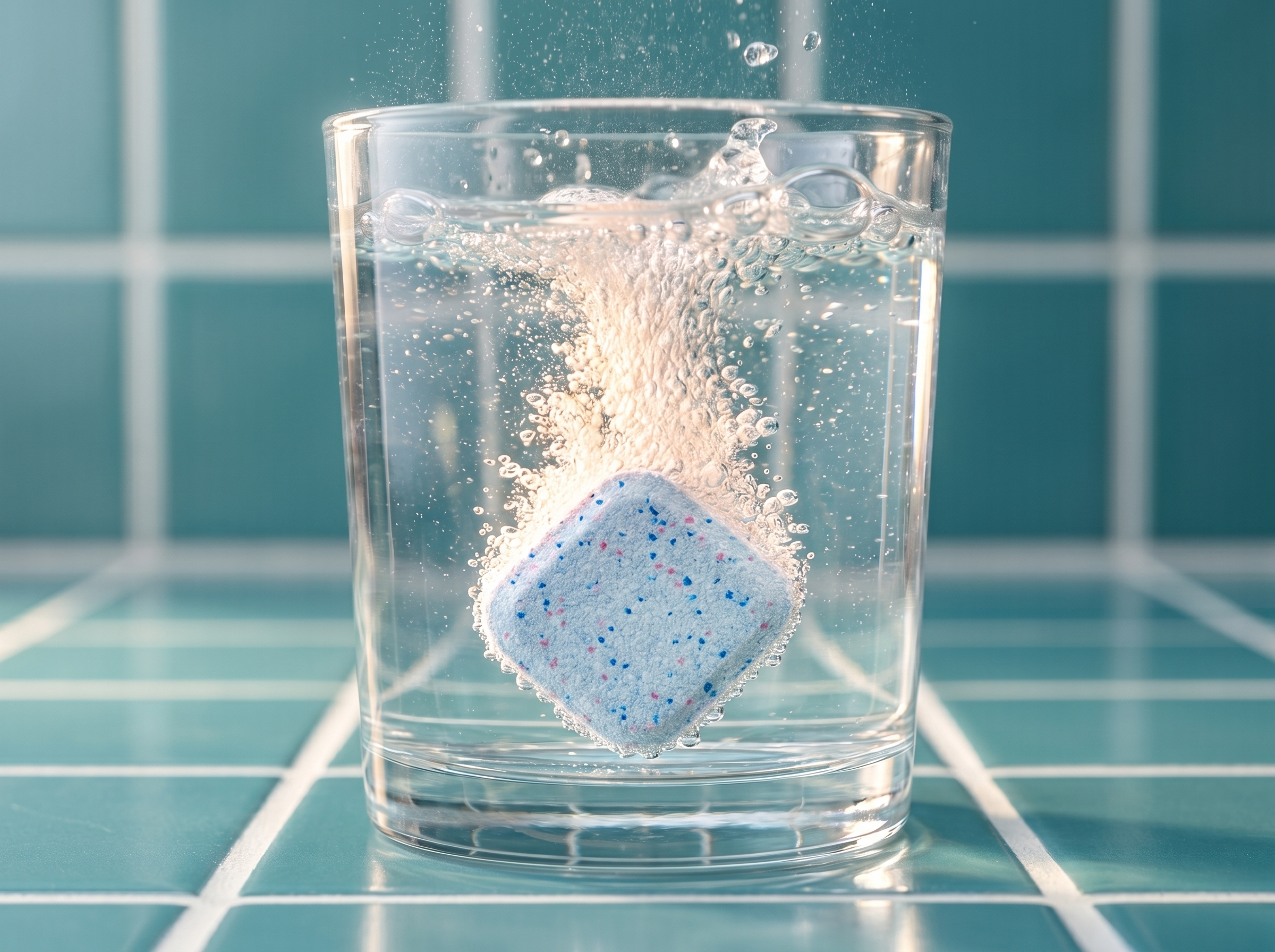 Une pastille bleu pâle qui pétille dans un verre d'eau sur un comptoir aux tuiles sarcelle