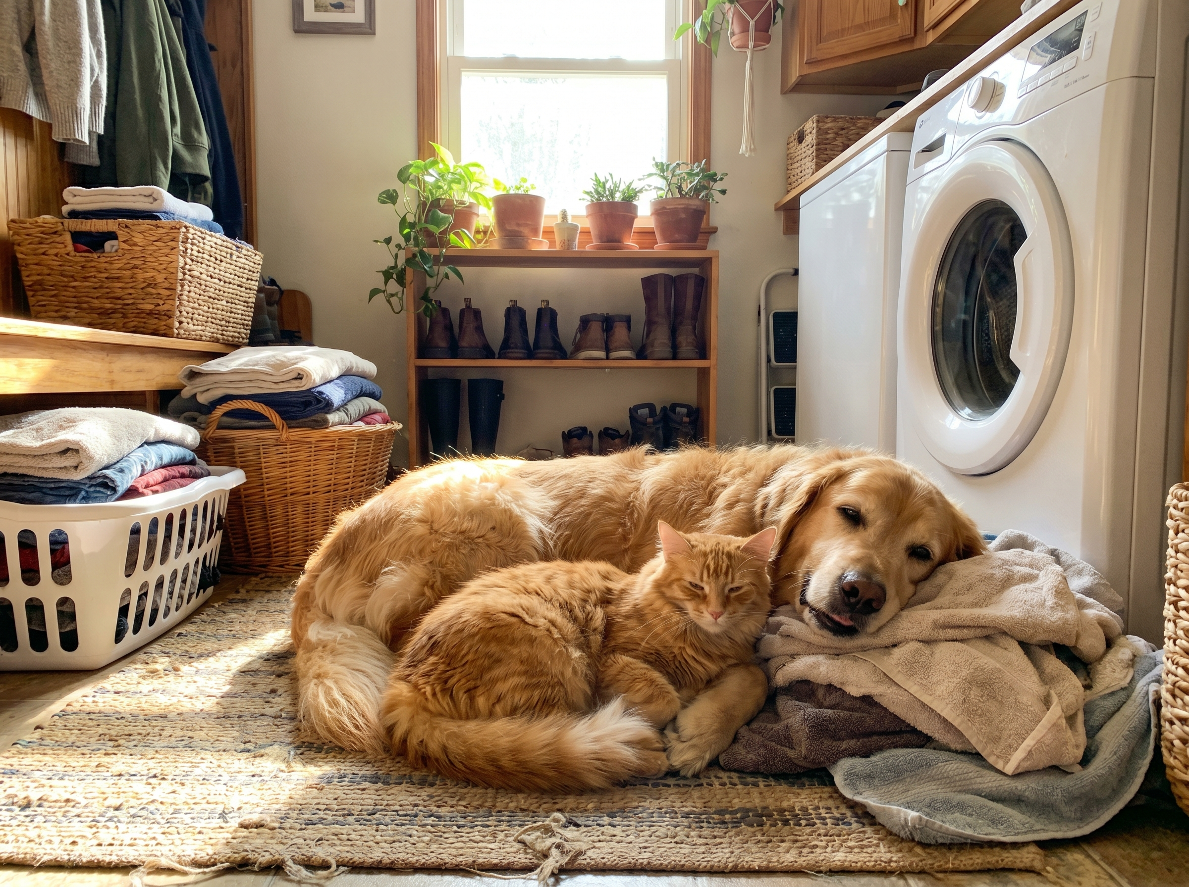 Un labrador doré pis un chat tigré orange devant une laveuse blanche à chargement frontal dans une salle de lavage lumineuse