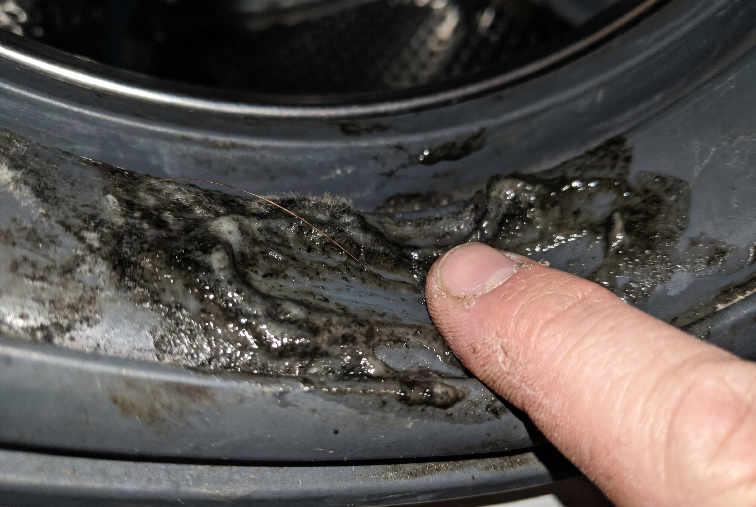 Une main qui tire sur le joint de caoutchouc de la porte d'une laveuse, révélant un biofilm noir et visqueux